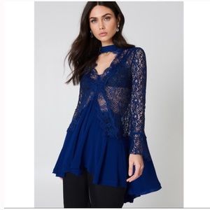 Free People Tell Tale Lace Royal Blue Sexy Flowy High Neck Tunic Dress N…